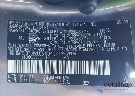 2011 Toyota Sienna Le V6 из США, поврежденный, VIN 5TDKK3DC3BS149110